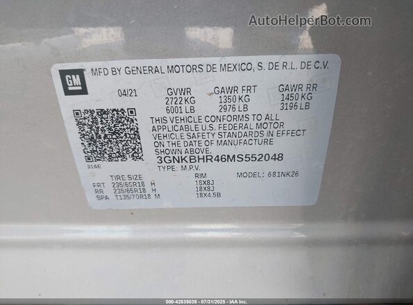 3GNKBHR46MS552048 2021 CHEVROLET BLAZER Silver Շարժիչի բաժամունքի տեսք