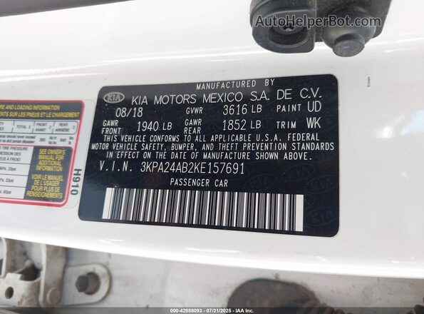3KPA24AB2KE157691 2019 KIA RIO Белый Вид подкапотного пространства