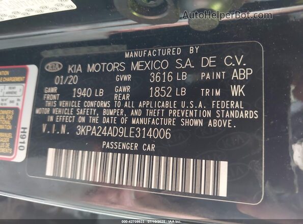 3KPA24AD9LE314006 2020 KIA RIO Black Engine compartment view