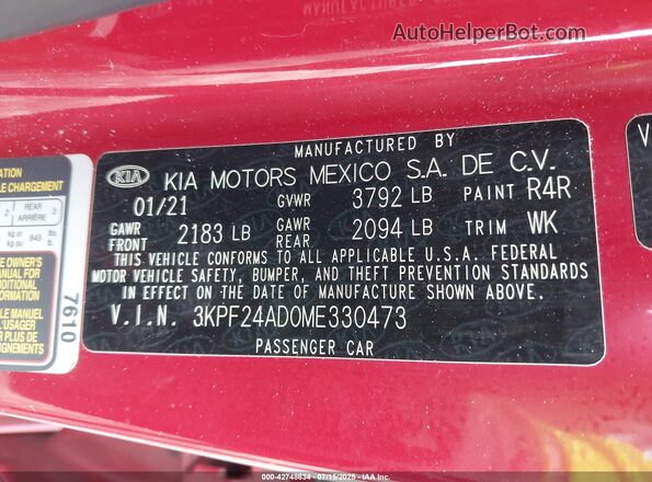 3KPF24AD0ME330473 2021 KIA FORTE Maroon Вид підкапотного простору