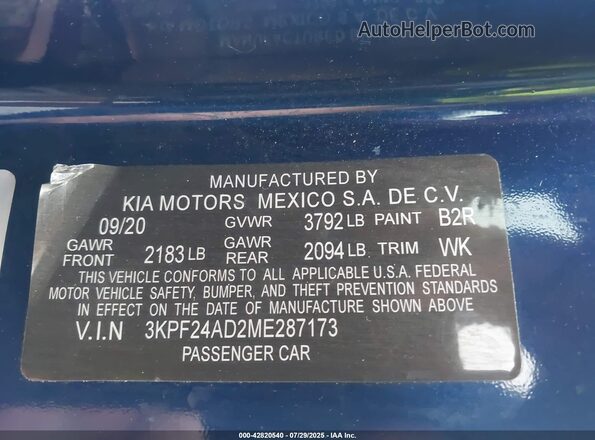 3KPF24AD2ME287173 2021 KIA FORTE Blue ძრავის განყოფილების ხედი