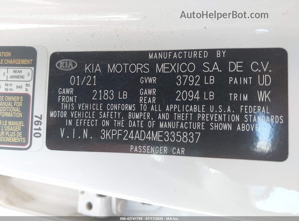 3KPF24AD4ME335837 2021 KIA FORTE White ძრავის განყოფილების ხედი