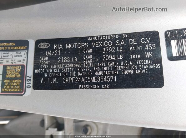 3KPF24AD5ME364571 2021 KIA FORTE Silver 