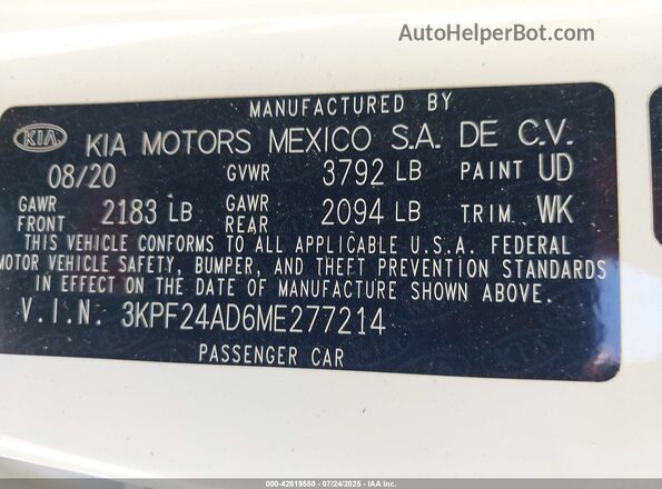 3KPF24AD6ME277214 2021 KIA FORTE White Engine compartment view