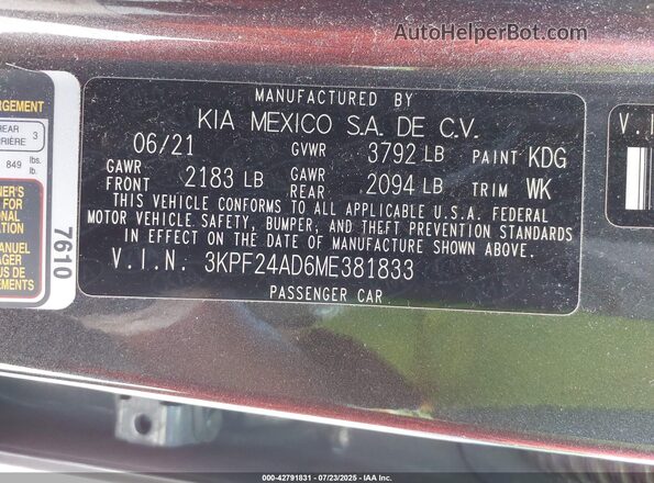 3KPF24AD6ME381833 2021 KIA FORTE Gray Շարժիչի բաժամունքի տեսք