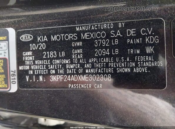 3KPF24ADXME302308 2021 KIA FORTE Black Շարժիչի բաժամունքի տեսք