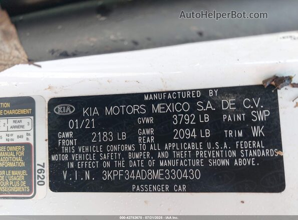 3KPF34AD8ME330430 2021 KIA FORTE White ძრავის განყოფილების ხედი