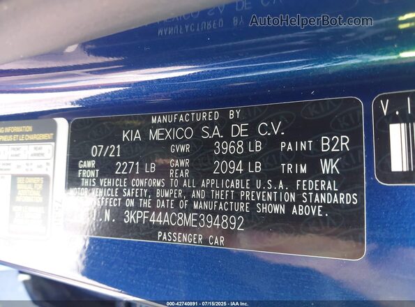3KPF44AC8ME394892 2021 KIA FORTE Blue Engine compartment view