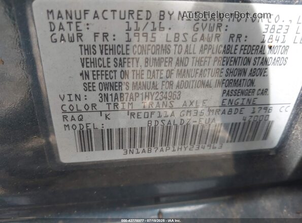 3N1AB7AP1HY234963 2017 NISSAN SENTRA Teal Вид підкапотного простору