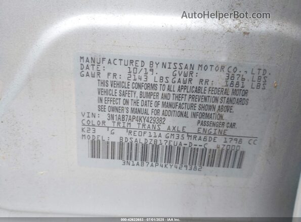 3N1AB7AP4KY429382 2019 NISSAN SENTRA Silver 