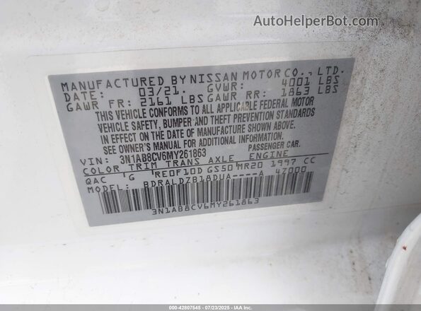 3N1AB8CV6MY261863 2021 NISSAN SENTRA White Շարժիչի բաժամունքի տեսք