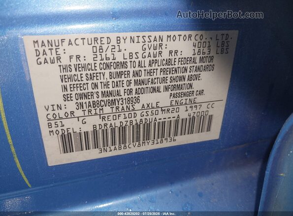 3N1AB8CV8MY318936 2021 NISSAN SENTRA Blue ძრავის განყოფილების ხედი