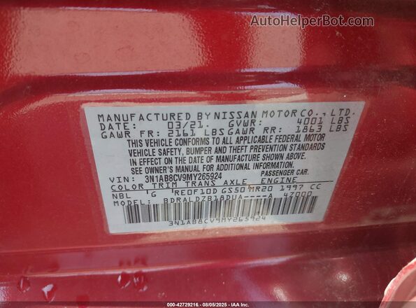 3N1AB8CV9MY265924 2021 NISSAN SENTRA Red Widok komory silnika