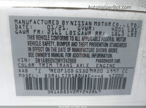 3N1AB8DV2MY242869 2021 NISSAN SENTRA White Вид підкапотного простору