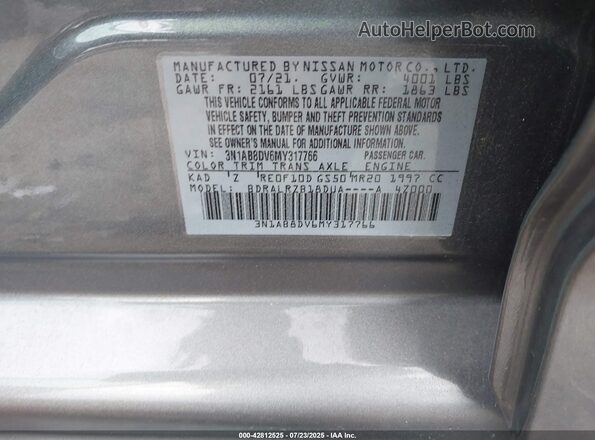 3N1AB8DV6MY317766 2021 NISSAN SENTRA Gray Widok komory silnika