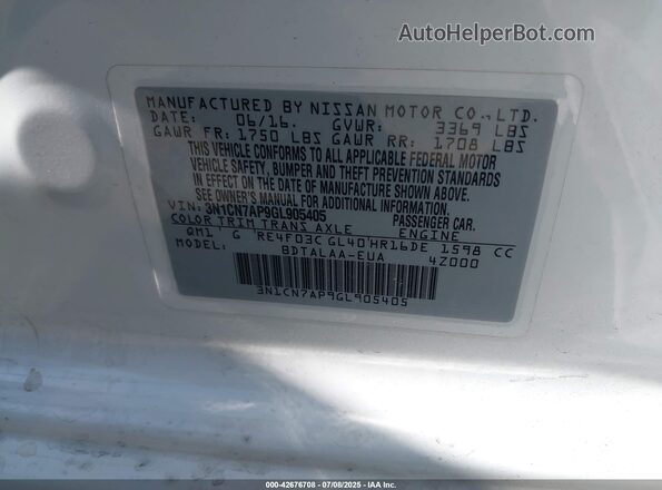 3N1CN7AP9GL905405 2016 NISSAN VERSA White Widok komory silnika