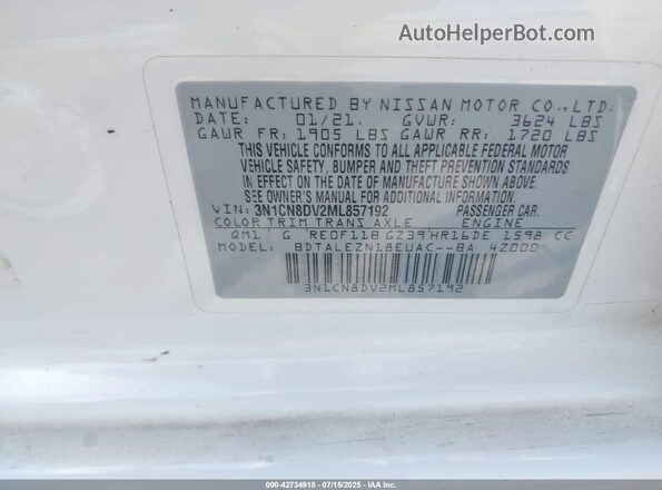 3N1CN8DV2ML857192 2021 NISSAN VERSA White Շարժիչի բաժամունքի տեսք