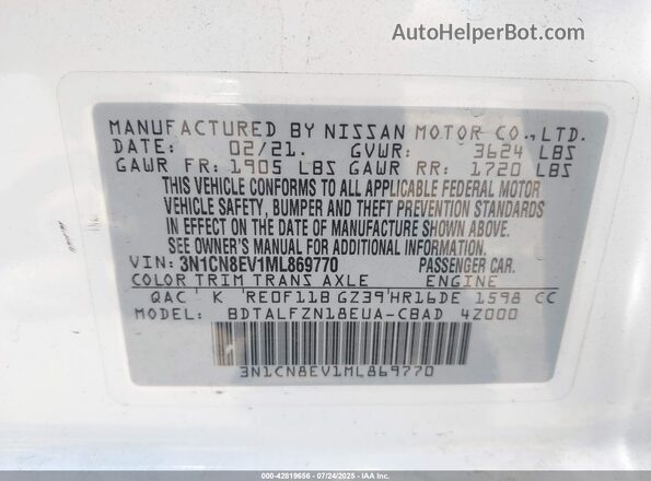 3N1CN8EV1ML869770 2021 NISSAN VERSA White Շարժիչի բաժամունքի տեսք