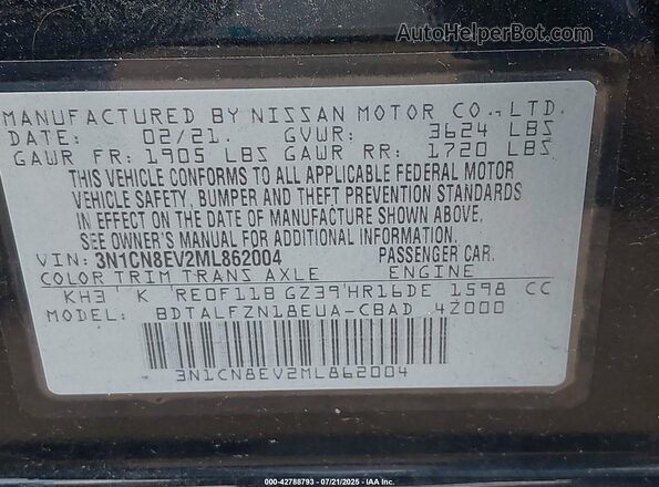 3N1CN8EV2ML862004 2021 NISSAN VERSA Black Շարժիչի բաժամունքի տեսք