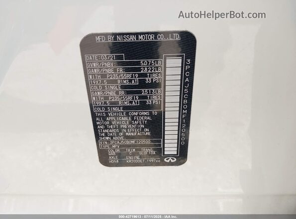 3PCAJ5CB0MF120500 2021 INFINITI QX50 White Вид підкапотного простору