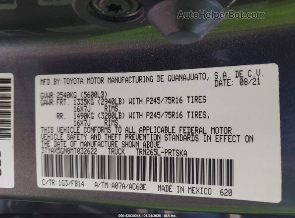 3TYAX5GN8MT032622 2021 TOYOTA TACOMA Gray ძრავის განყოფილების ხედი