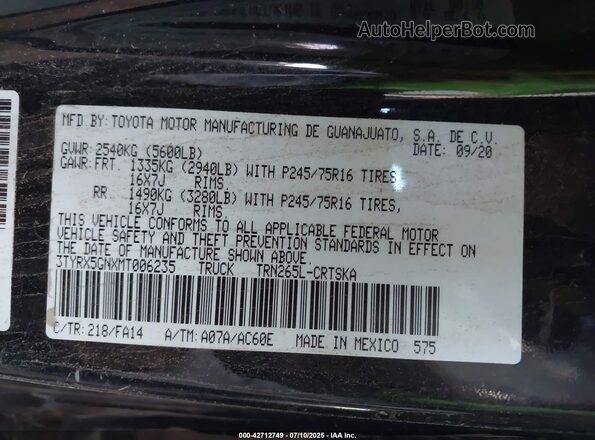 3TYRX5GNXMT006235 2021 TOYOTA TACOMA Black Вид підкапотного простору