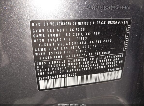 3VV2B7AX3MM064707 2021 VOLKSWAGEN TIGUAN Gray Widok komory silnika