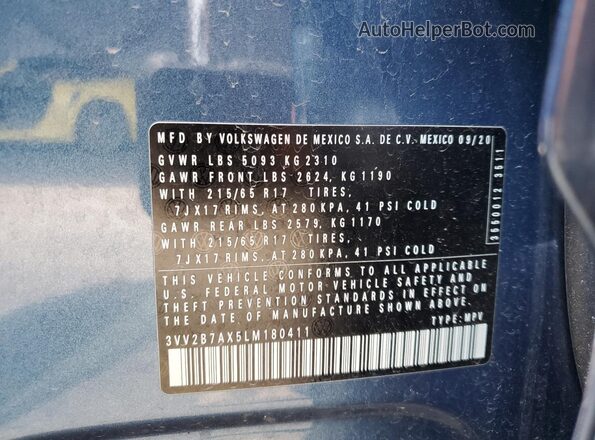 3VV2B7AX5LM180411 2020 VOLKSWAGEN TIGUAN Blue VIN კოდის სტიკერის ხედი