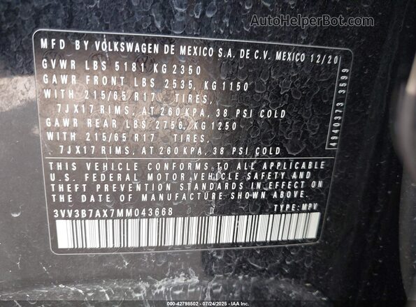 3VV3B7AX7MM043668 2021 VOLKSWAGEN TIGUAN Black Widok komory silnika