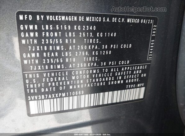 3VV3B7AXXPM110669 2023 VOLKSWAGEN TIGUAN Gray 