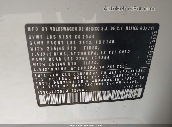 3VVCB7AX9RM112884 2024 VOLKSWAGEN TIGUAN White 