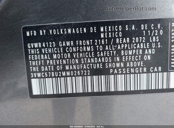 3VWC57BU2MM026722 2021 VOLKSWAGEN JETTA Gray Вид підкапотного простору