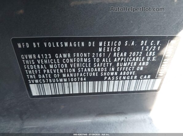 3VWC57BU5MM100764 2021 VOLKSWAGEN JETTA Gray 