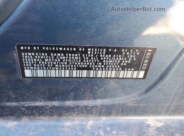 3VWDB7AJ7HM227350 2017 VOLKSWAGEN JETTA Blue Engine compartment view