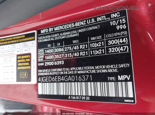 4JGED6EB4GA016371 2016 MERCEDES-BENZ GLE COUPE Red 