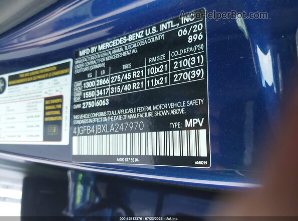 4JGFB4JBXLA247970 2020 MERCEDES-BENZ GLE 350 Blue ძრავის განყოფილების ხედი