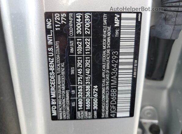4JGFD6BB1MA364293 2021 MERCEDES-BENZ GLE Серебряный Вид наклейки с VIN-кодом