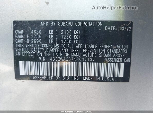 4S3BWAC67N3017137 2022 SUBARU LEGACY Silver ძრავის განყოფილების ხედი
