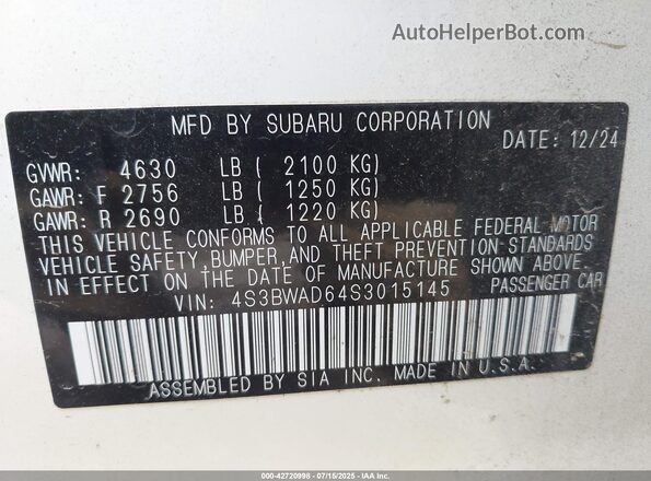 4S3BWAD64S3015145 2025 SUBARU LEGACY White Вид підкапотного простору