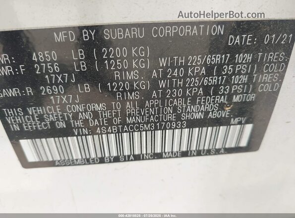 4S4BTACC5M3170933 2021 SUBARU OUTBACK White 