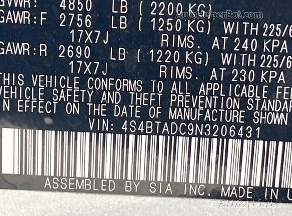 4S4BTADC9N3206431 2022 SUBARU OUTBACK  Widok naklejki z numerem VIN