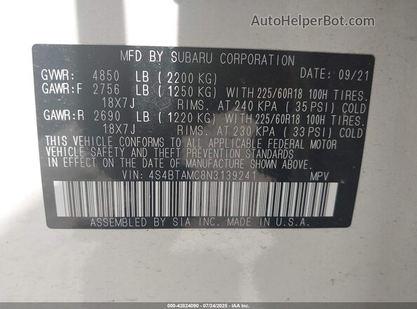 4S4BTAMC8N3139241 2022 SUBARU OUTBACK White 