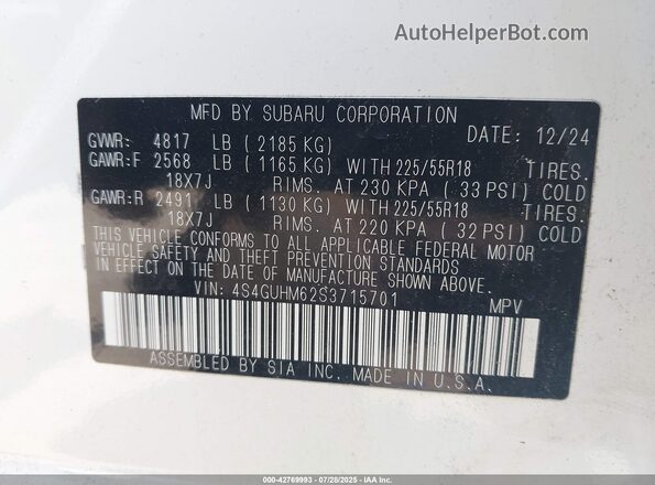 4S4GUHM62S3715701 2025 SUBARU CROSSTREK White ძრავის განყოფილების ხედი