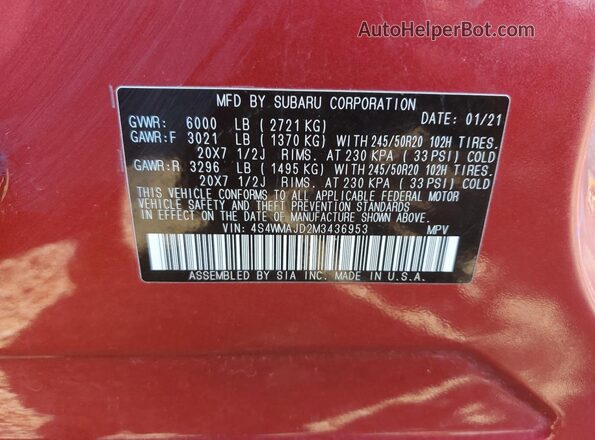 4S4WMAJD2M3436953 2021 SUBARU ASCENT Red Widok wnętrza 360 stopni