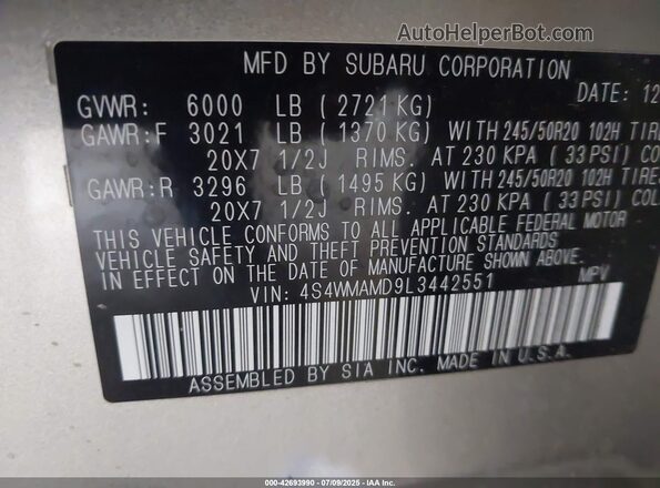4S4WMAMD9L3442551 2020 SUBARU ASCENT Beige 