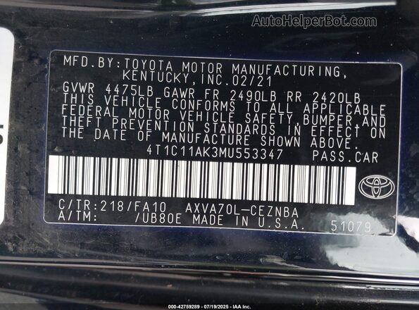 4T1C11AK3MU553347 2021 TOYOTA LE Black Вид підкапотного простору