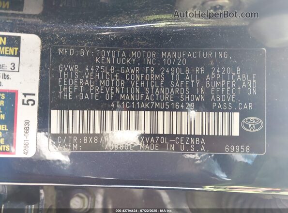 4T1C11AK7MU516429 2021 TOYOTA LE Синий Вид подкапотного пространства