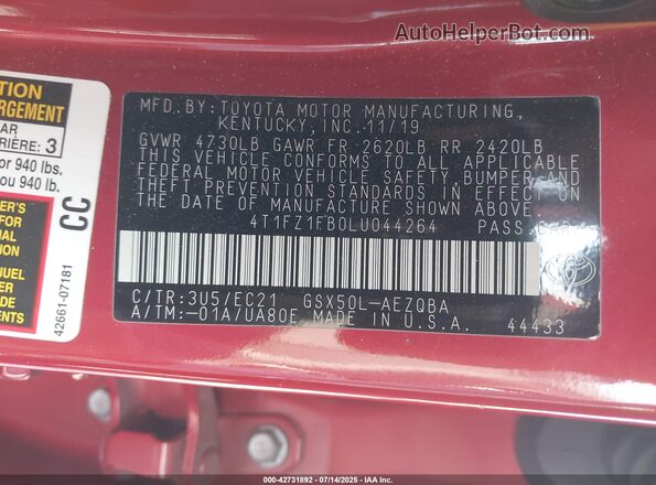 4T1FZ1FB0LU044264 2020 TOYOTA AVALON Красный Вид подкапотного пространства