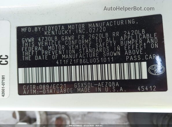 4T1FZ1FB6LU051011 2020 TOYOTA AVALON White 