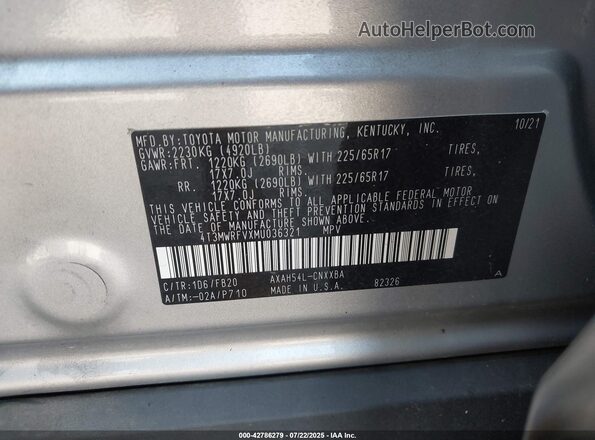 4T3MWRFVXMU036321 2021 TOYOTA LE Silver Вид підкапотного простору